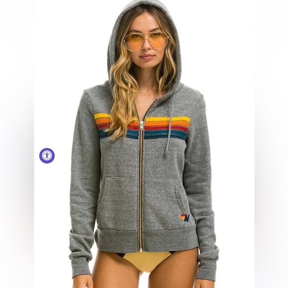 AVIATOR NATION 5 Stripe Grey Zip Up Hoodie Sweatshirt Unisex Medium - Picture 5 of 10